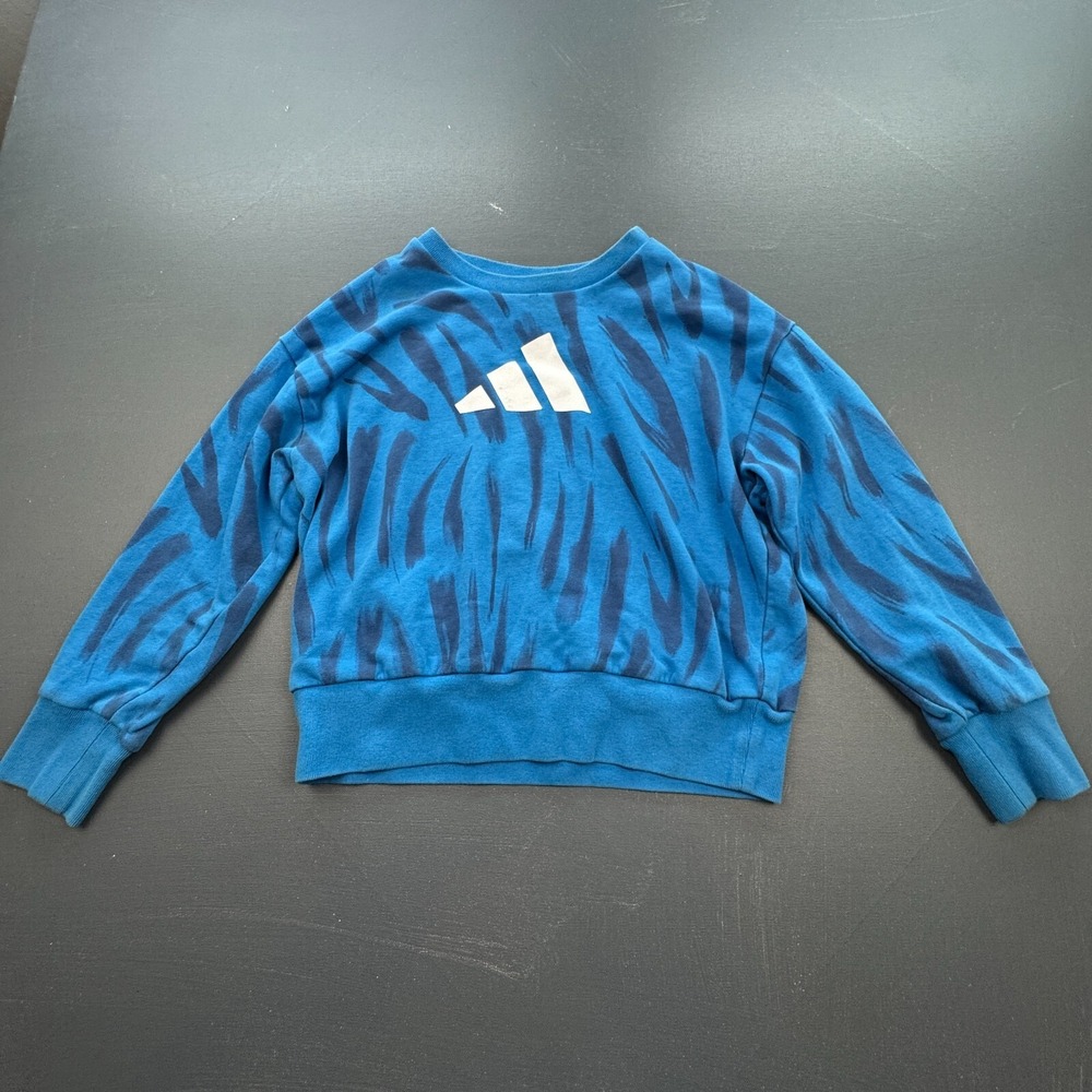 Adidas Sweatshirt Kids Size Medium 10/12 Blue Tiger Print Pullover Logo Crewneck